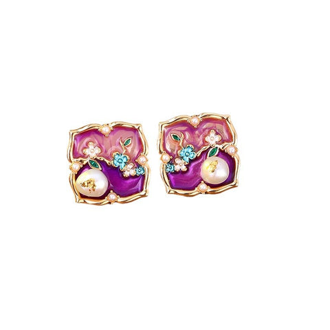 New Chinese-style Monet Garden Natural Pearl Oil Painting Flower Stud Earrings